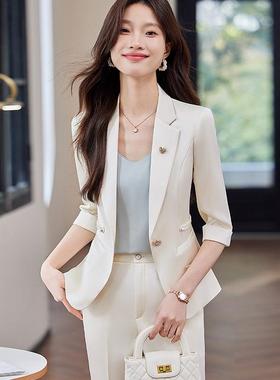 2025年春秋季新款紫色七分袖职业小西装领外套女裤子两件套装气质