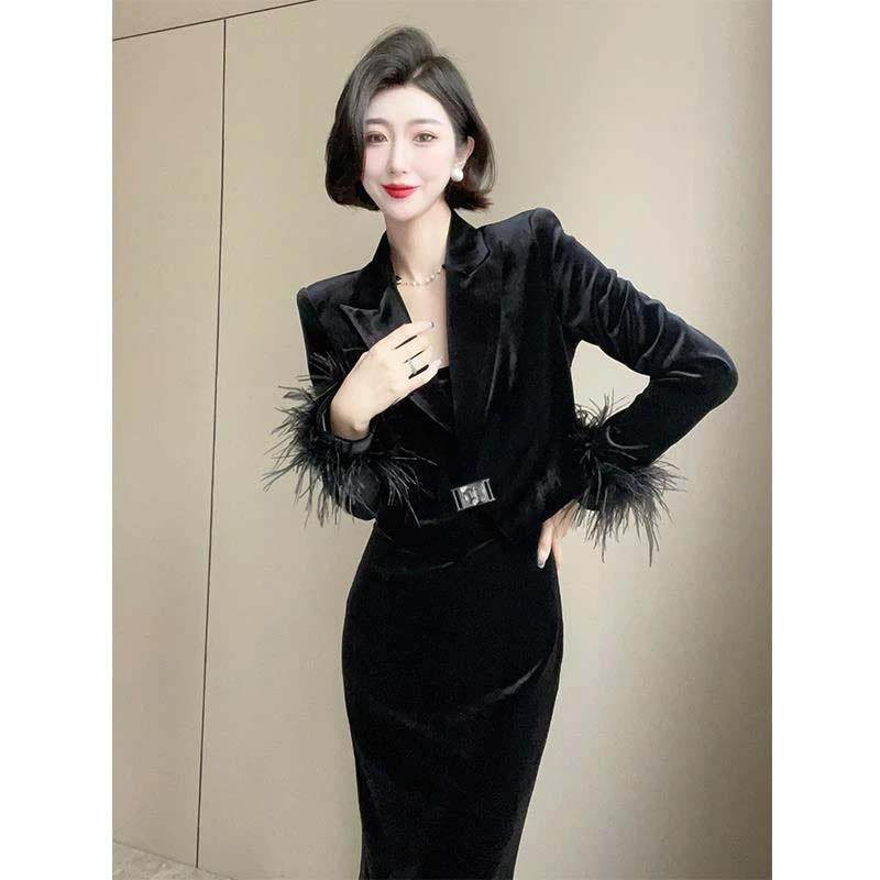 高品质气质丝绒两件套秋季新款毛毛袖西服外套+吊带连衣裙女,女装/女士精品,时尚套装,淘宝优惠券,粉丝福利购,淘宝优惠卷