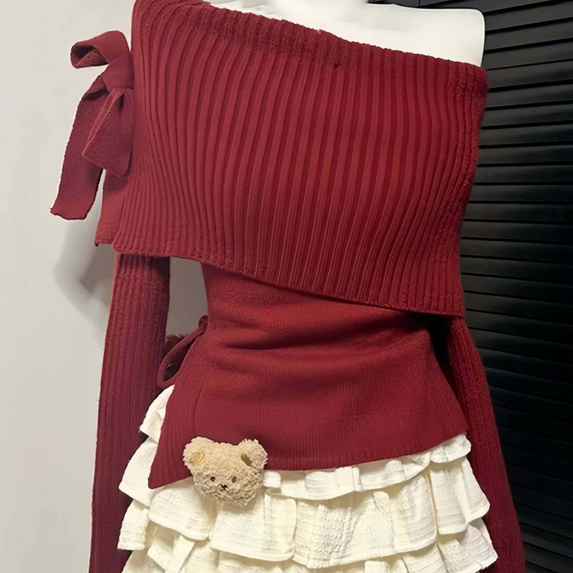 时尚套装女2025秋冬新款韩系圣诞辣妹露肩蝴蝶结毛衣蛋糕裙两件套,女装/女士精品,职业女裙套装,淘宝优惠券,粉丝福利购,淘宝优惠卷