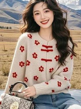 春季新款中式国风重工红色花朵毛衣打底慵懒针织上衣外套
