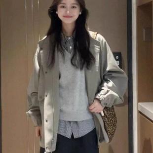 2025秋季新款休闲上衣女韩系时尚百搭拼色贴布立领中长款风衣外套