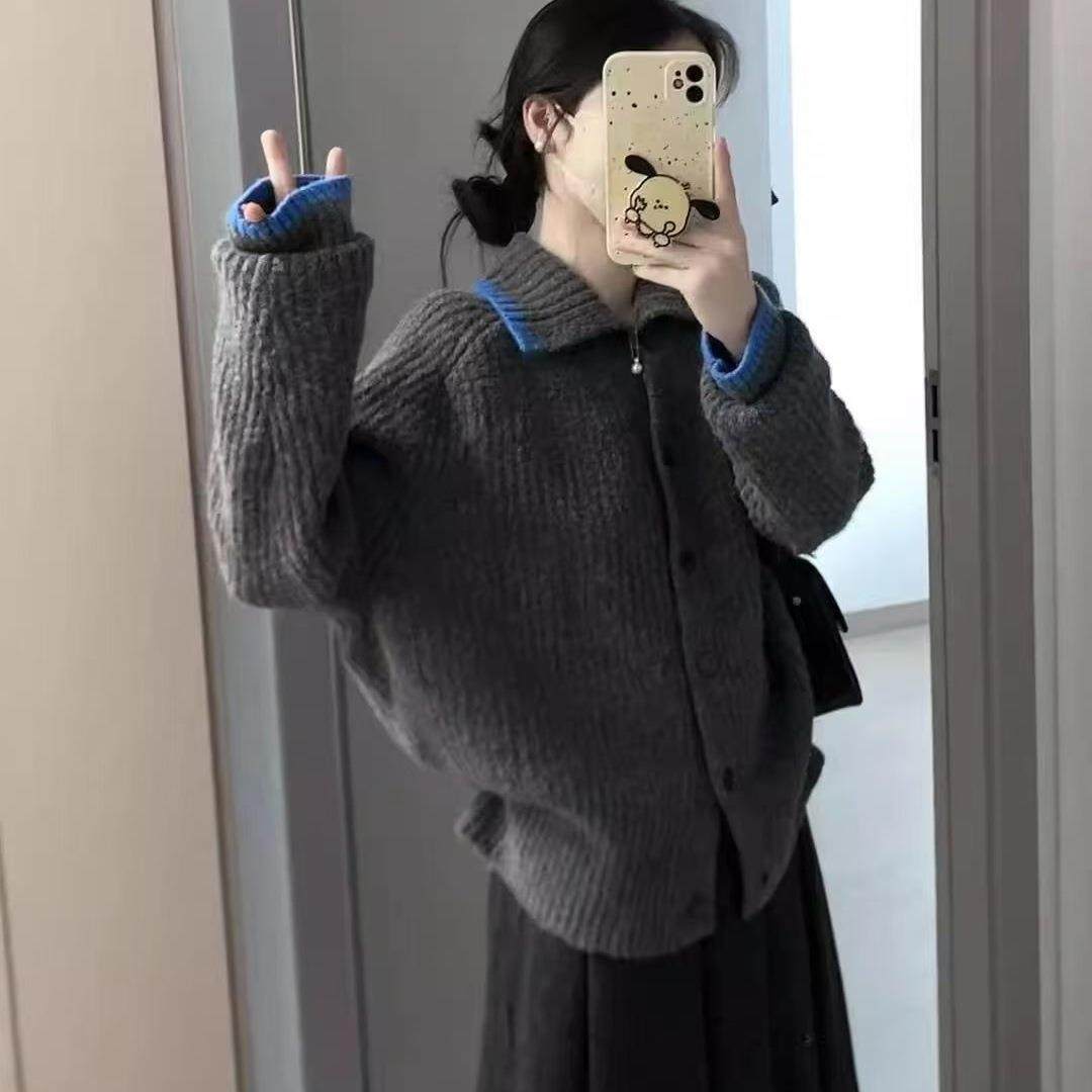 慵懒灰色撞色高领毛衣外套女软加厚新款韩系针织开衫秋冬宽松上衣,女装/女士精品,毛针织衫,淘宝优惠券,粉丝福利购,淘宝优惠卷
