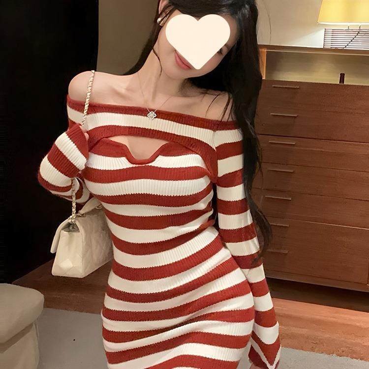 一字肩条纹针织连衣裙女秋冬小个子纯欲性感内搭包臀短裙毛衣裙子,女装/女士精品,连衣裙,淘宝优惠券,粉丝福利购,淘宝优惠卷