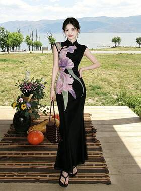 吃绿色菜【鸢紫】复古新中式改良旗袍连衣裙女无袖收腰印花长裙子