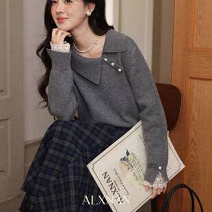 鹿向南「温柔姐系」灰色套头毛衣秋冬女新款长袖宽松针织上衣外套