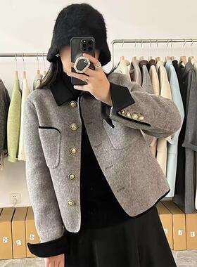 小香风灰色双面呢子大衣女短款撞色小个子毛呢外套2025秋冬季新款