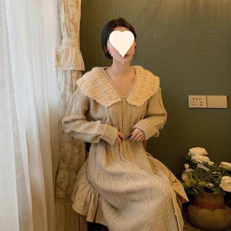 日系温柔长款针织连衣裙法式复古穿搭配大衣麻花毛衣裙女打底秋冬