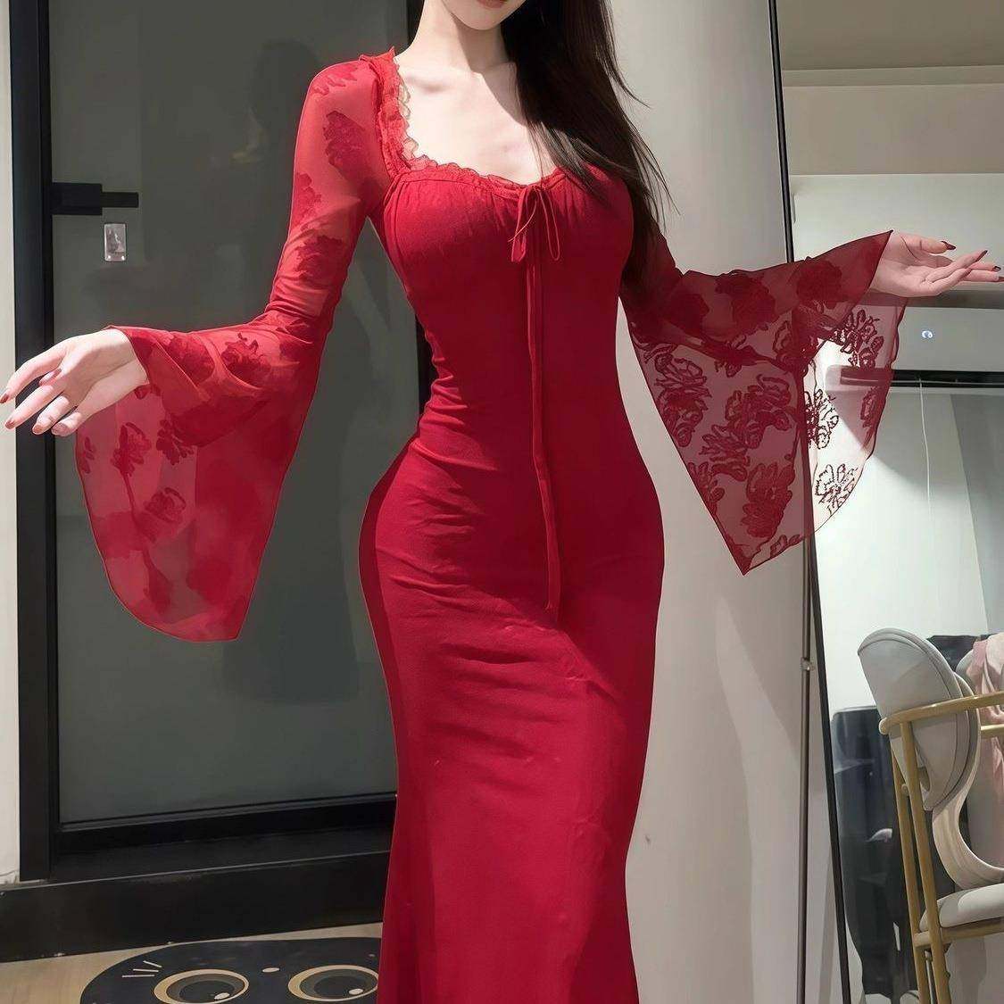 秋季新款纯欲蕾丝长袖连衣裙女修身紧身鱼尾裙气质喇叭袖包臀裙子,女装/女士精品,连衣裙,淘宝优惠券,粉丝福利购,淘宝优惠卷