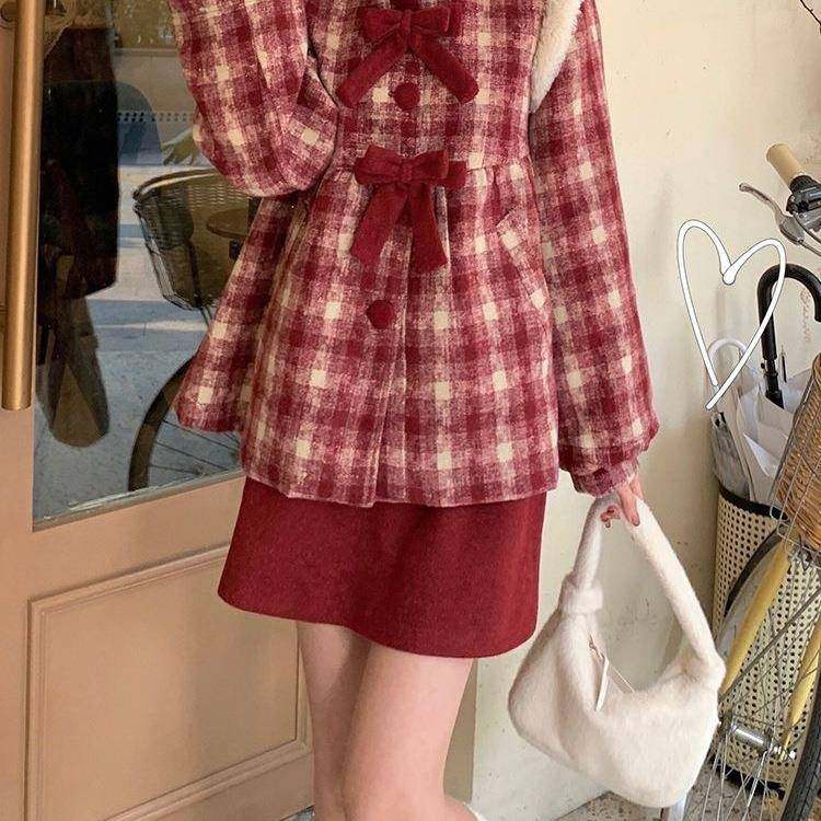 惊艳全场格子新年战袍红色短款呢子毛呢套装裙衣服女,女装/女士精品,时尚套装,淘宝优惠券,粉丝福利购,淘宝优惠卷