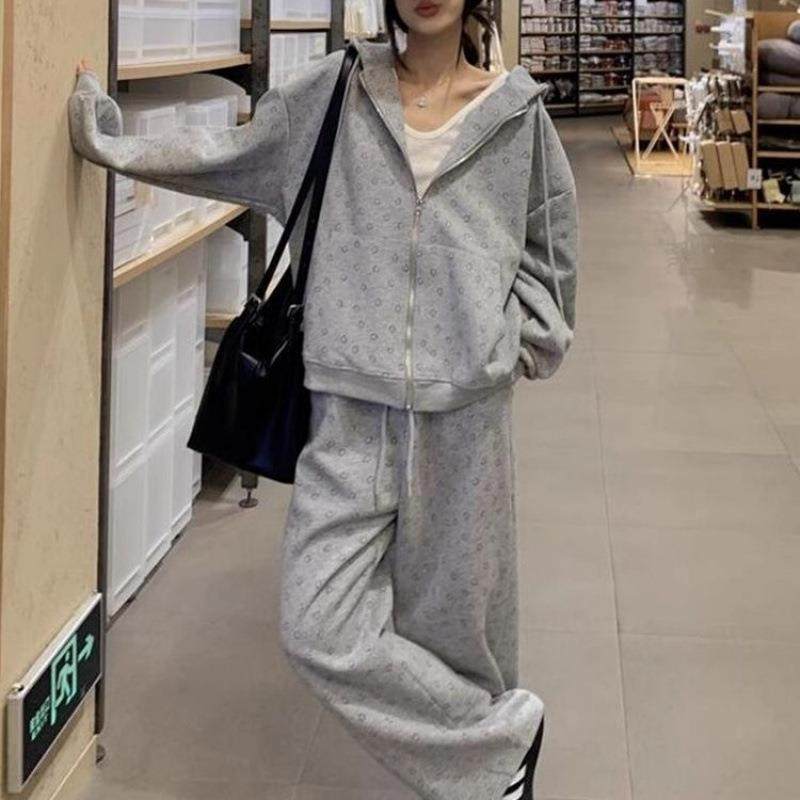 灰色运动套装女2025秋冬时尚欧货复古美式休闲宽松卫衣外套两件套,女装/女士精品,时尚套装,淘宝优惠券,粉丝福利购,淘宝优惠卷