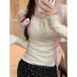 法式温柔BM风蕾丝边长袖T恤女春秋新款针织打底衫修身内搭上衣潮