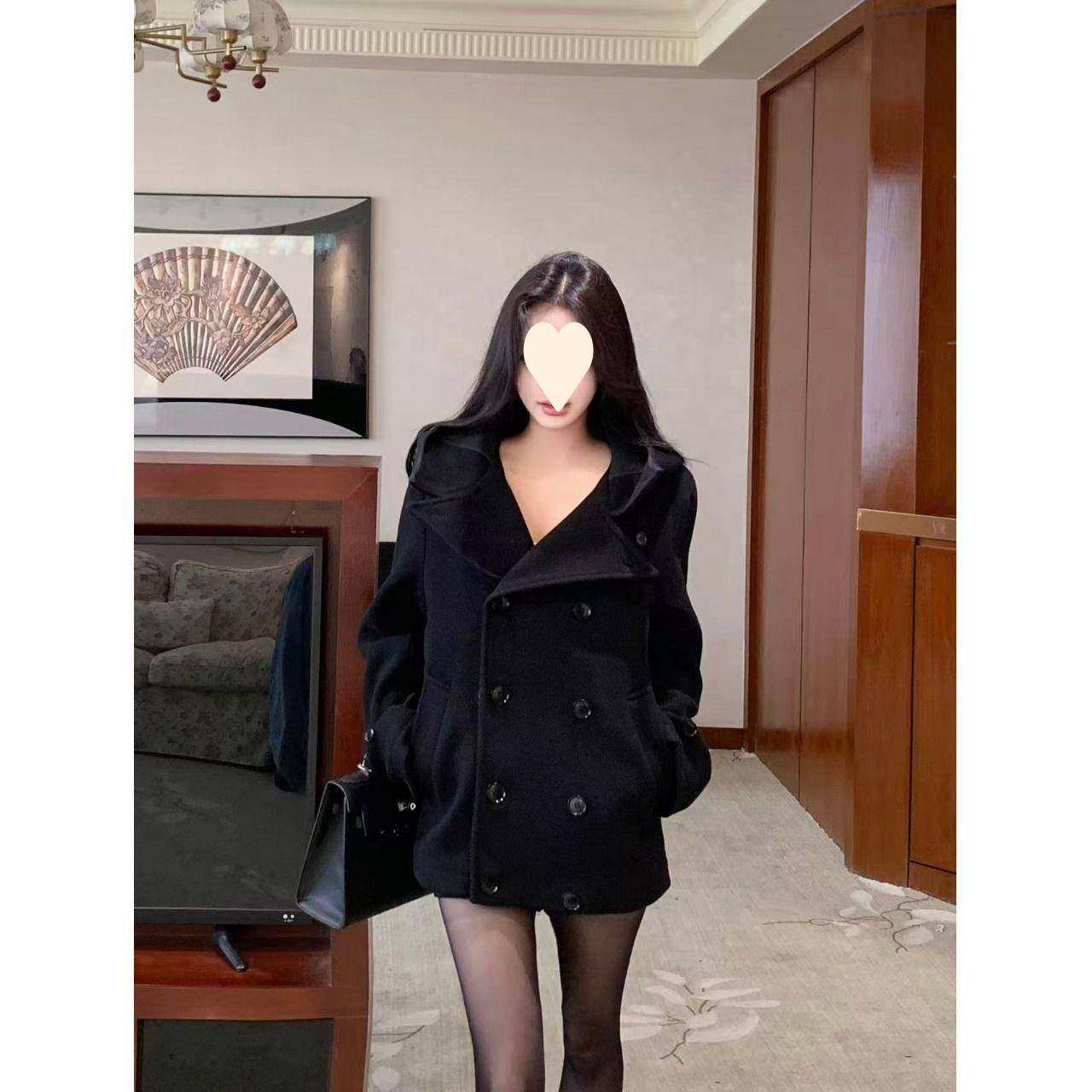 双排扣复古黑色翻领毛呢外套女秋季感宽松中长款气质呢子大衣,女装/女士精品,大码呢大衣,淘宝优惠券,粉丝福利购,淘宝优惠卷