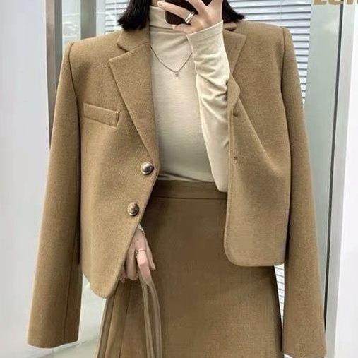 复古小香风套装女秋冬气质翻领毛呢西装短外套+包臀半身裙两件套,女装/女士精品,时尚套装,淘宝优惠券,粉丝福利购,淘宝优惠卷