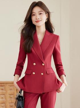 2025新款职业面试西装套装女秋红色教师职业高级感正装职场工作服