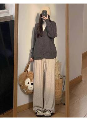 深灰色糯米裤女秋冬季加绒高腰休闲宽松慵懒风直筒显瘦垂感阔腿裤