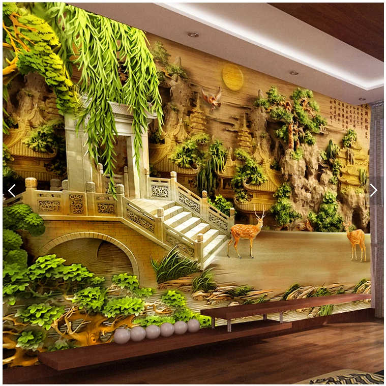 3d电视背景墙壁纸中式浮雕山水画墙纸客厅办公室影视墙布大气壁画