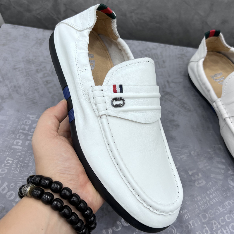 春秋新款豆豆鞋白色一脚蹬男士头层牛皮软底上线休闲百搭爸爸