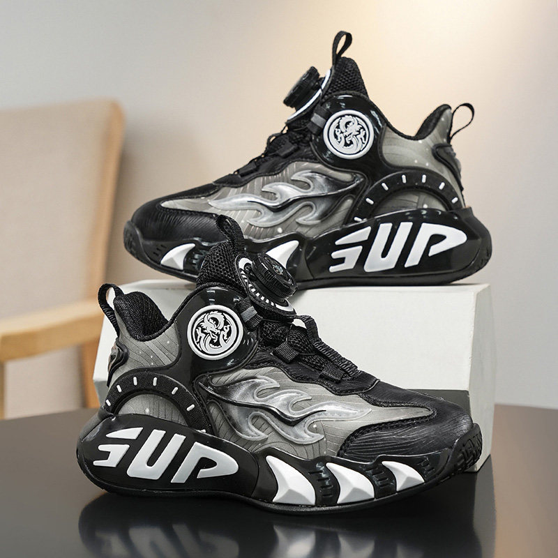 男童鞋冬季皮面防水篮球鞋儿童旋转扣运动鞋中大童防滑跑步鞋黑色