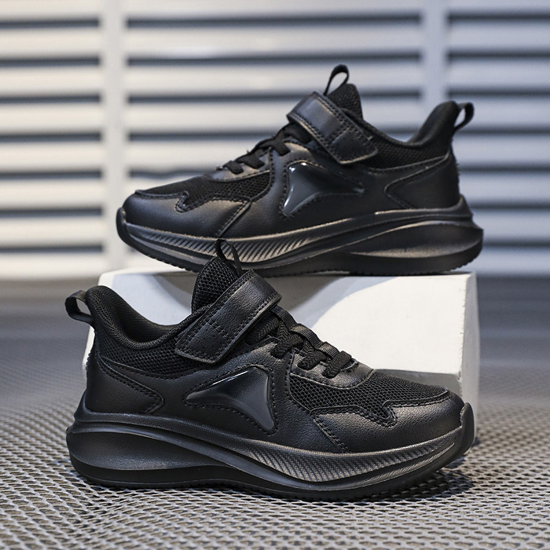 儿童魔术贴黑色运动鞋中大童小黑鞋跑步鞋男童超轻减震学校小学生