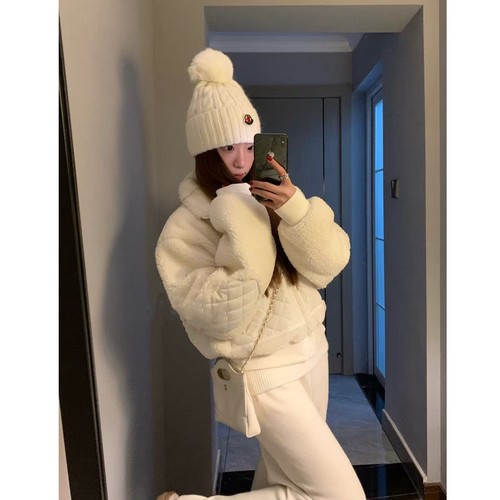 美系新贵！羊羔毛外套~拼接绗缝菱格纹~时髦短款拉链立领羊羔毛