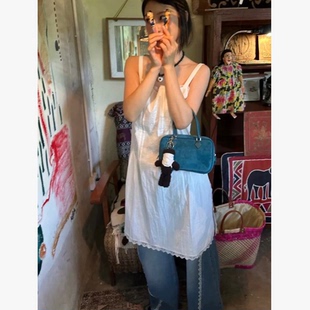 巨折！周雨彤同款！P海岛日记系列~一字领拼接蕾丝刺绣叠穿吊带裙