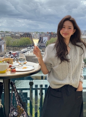 谁穿谁美！fever私服款~不对称花边领~法式镂空羊毛针织开衫毛衣