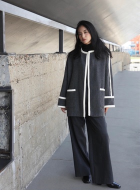 巨折！D灰色大衣！邱天同款~小香风撞色白色包边~宽松H型大衣外套