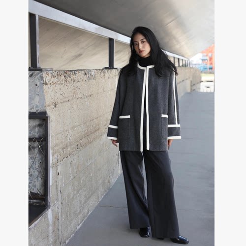 巨折！D灰色大衣！邱天同款~小香风撞色白色包边~宽松H型大衣外套