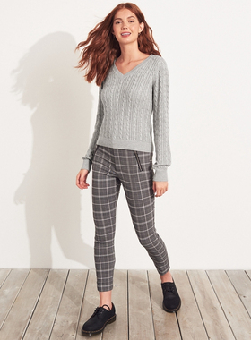 XS小码清仓特！灰色格纹~高腰大弹力~口袋拉链~梭织休闲9分裤