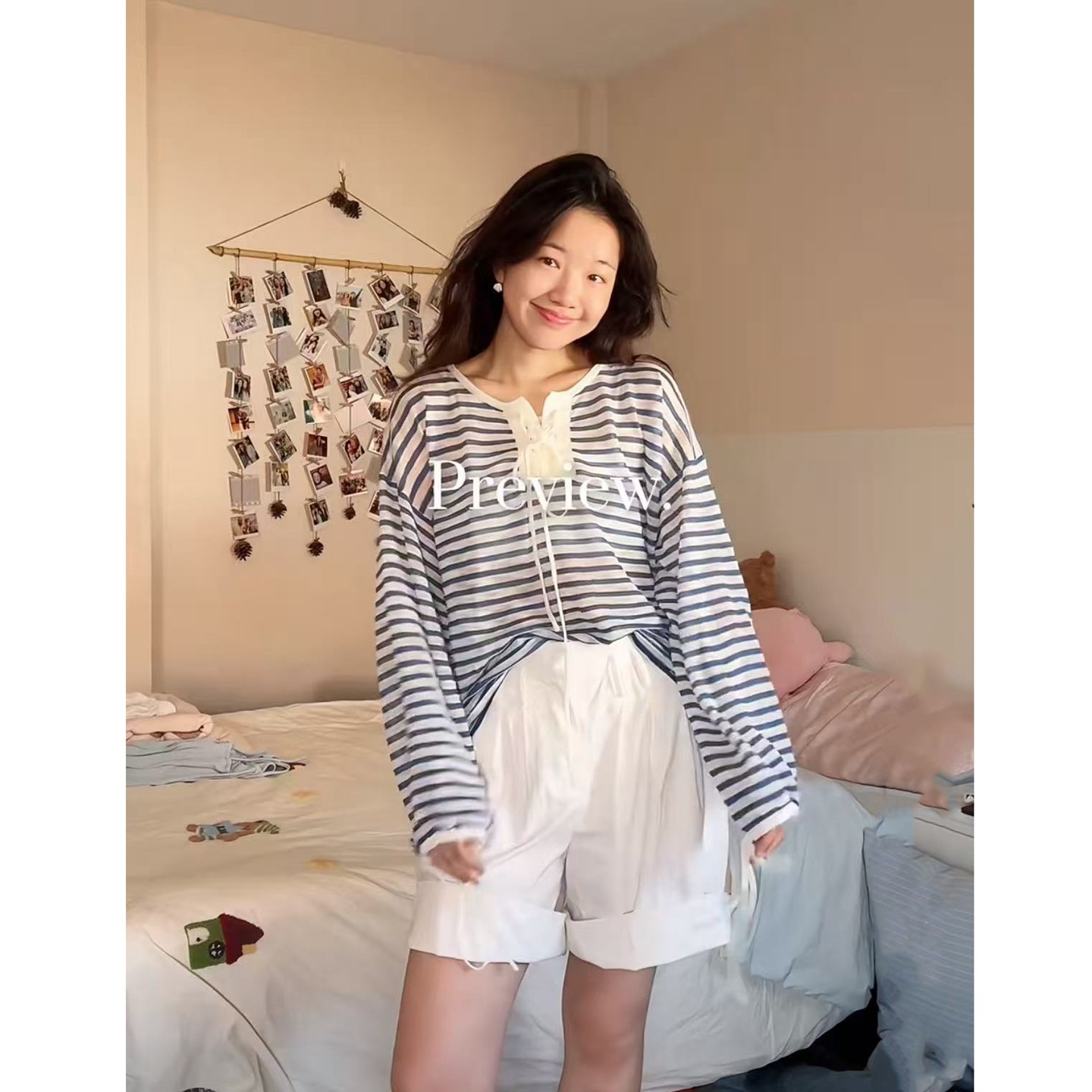 巨好看的度假风~海魂条纹防晒衫！领口绑带~针织防晒衫长袖T恤