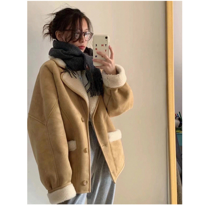 巨折！韩国fever同款~麂皮绒皮衣外套~羊羔毛~皮毛一体大翻领皮衣