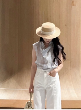 巨折！小码S清！环荡领！md艺术氛围格纹~法式无袖背心上衣