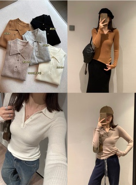 max绵羊毛！polo翻领！贝壳纽扣~5色坑条针织打底衫~外穿内搭都可