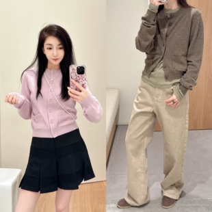 巨折！新增粉色~大表姐刘雯同款~26支绵羊毛口袋圆领针织开衫毛衣