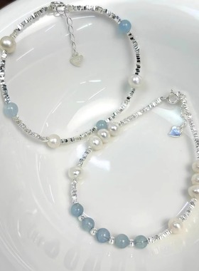 s925纯银天然海蓝宝淡水珍珠碎银子手链女ins小众设计清冷感手饰