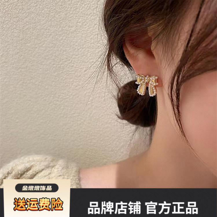 S925银针珍珠蝴蝶结耳钉欧美复古