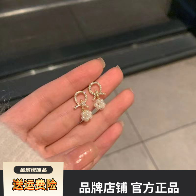韩国S925银针珍珠耳钉气质蝴蝶结