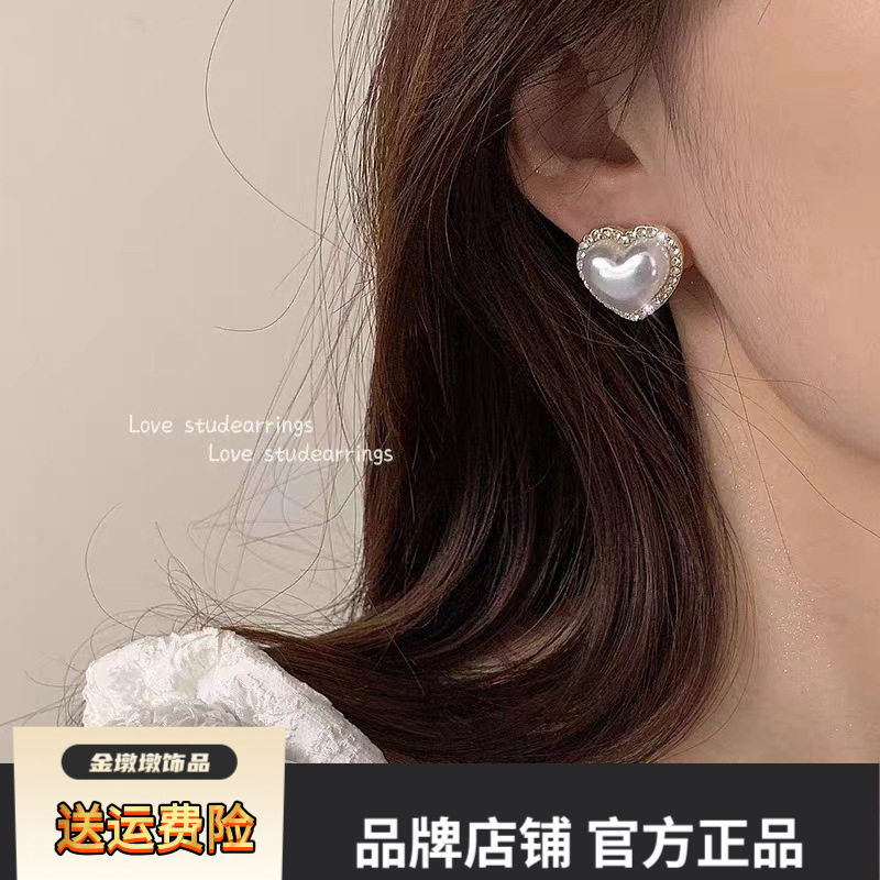 法式珍珠爱心形耳环女小众设计耳