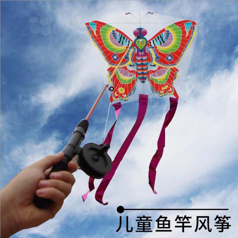 2024爆款儿童卡通迷你塑料伸缩鱼竿风筝蝴蝶金鱼老鹰蜜蜂风筝玩具