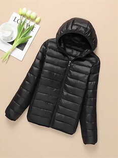 棉衣女短款薄款羽绒棉服黑色连帽轻便棉袄秋冬轻薄外套大码袄子