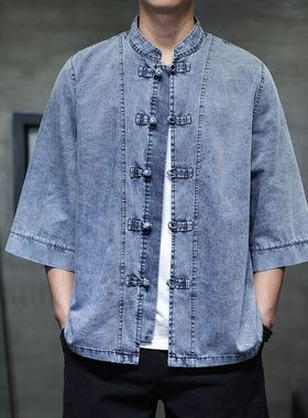 中国风男夏季薄牛仔七分袖衬衫复古宽松大码唐装立领盘扣改良汉服