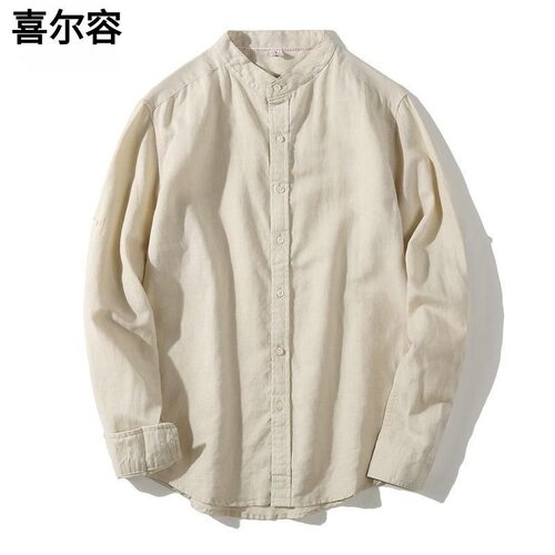 夏季青年棒球领亚麻衬衫休闲立领修身长袖上衣棉麻衬衣男