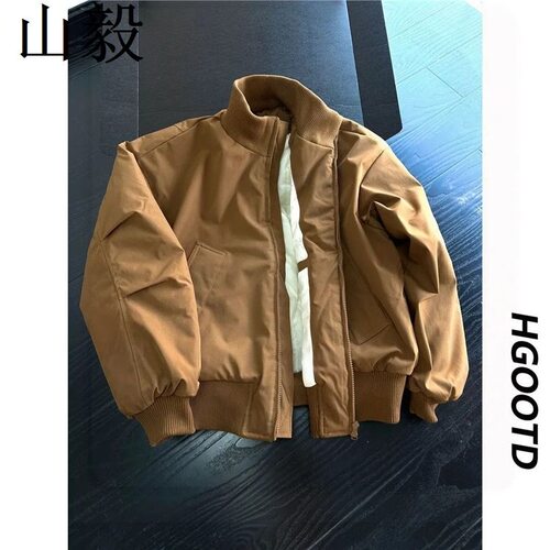 棕色飞行夹克棉服男冬季美式短款cleanfit外套廓形立领加厚棉衣服