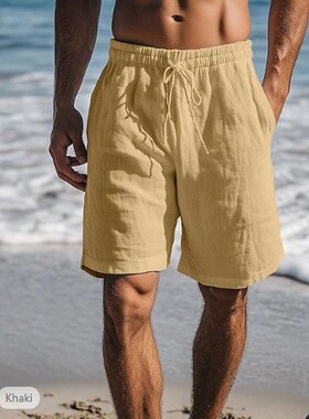 men's shorts新款短裤抽绳松紧腰直腿纯色透气日常沙滩五分休闲