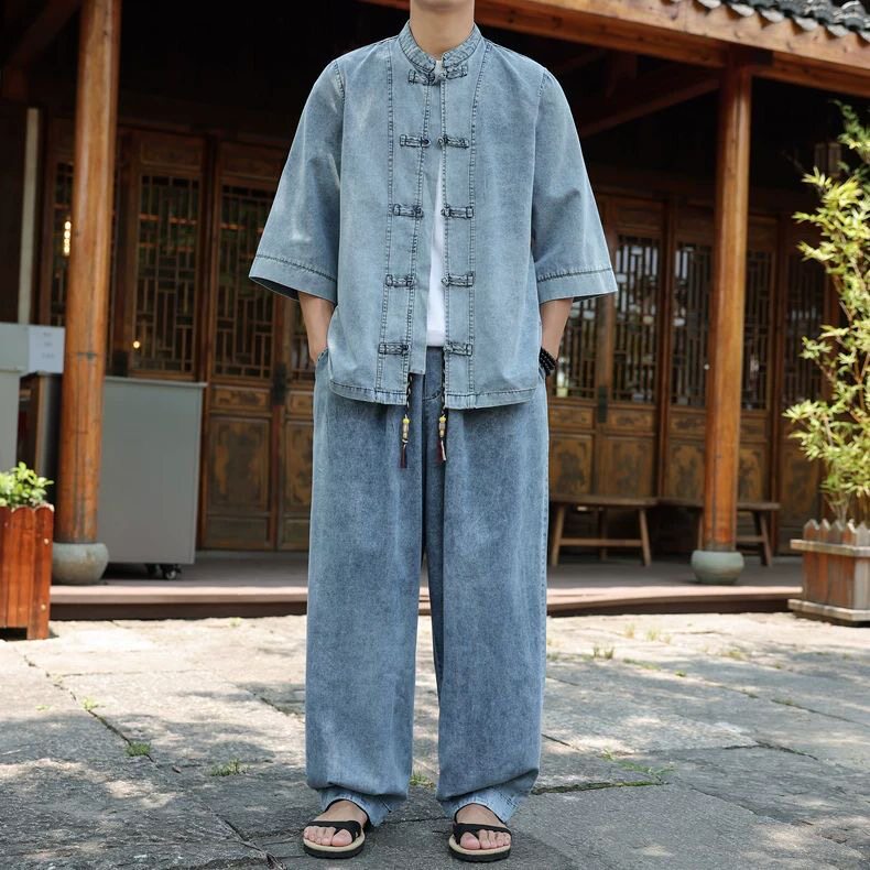 中国风衬衫男款新中式复古盘扣大码七分袖牛仔唐装衬衣中山装上衣