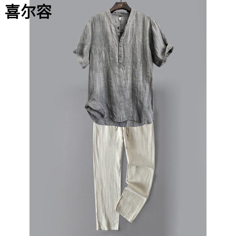 夏季亚麻套装男慵懒风夏天休闲宽松T恤棉麻套装男2025新款休闲裤图片