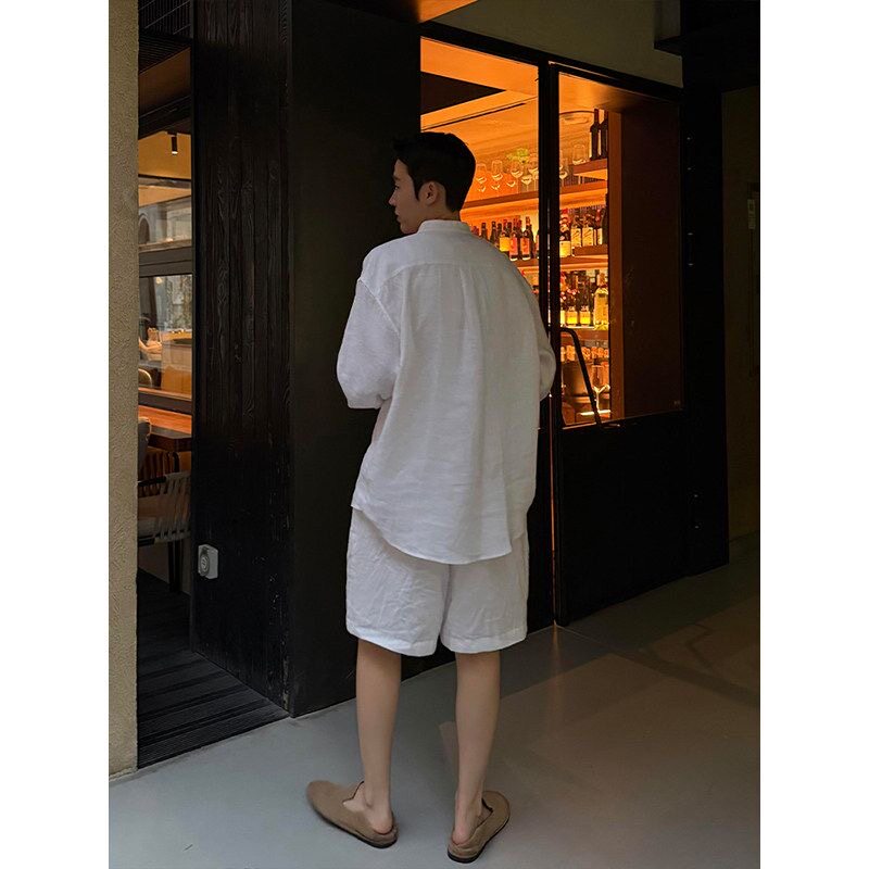 慵懒松弛感棉麻套装男款夏季老钱风棉麻立领衬衫防晒外套休闲短裤图片