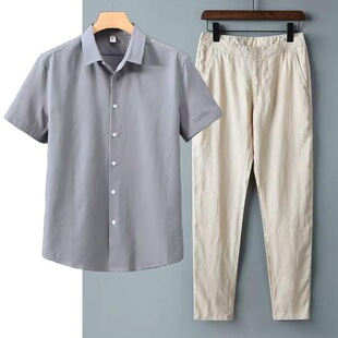 中式国风纯色亚麻短袖长裤套装男装棉麻衬衫灰色T恤长裤一套衣服t