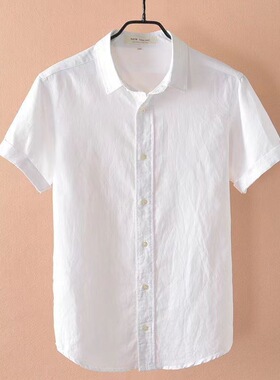 夏季亚麻料短袖衬衫男宽松休闲棉麻布上衣服夏装翻领白色工作衬衣
