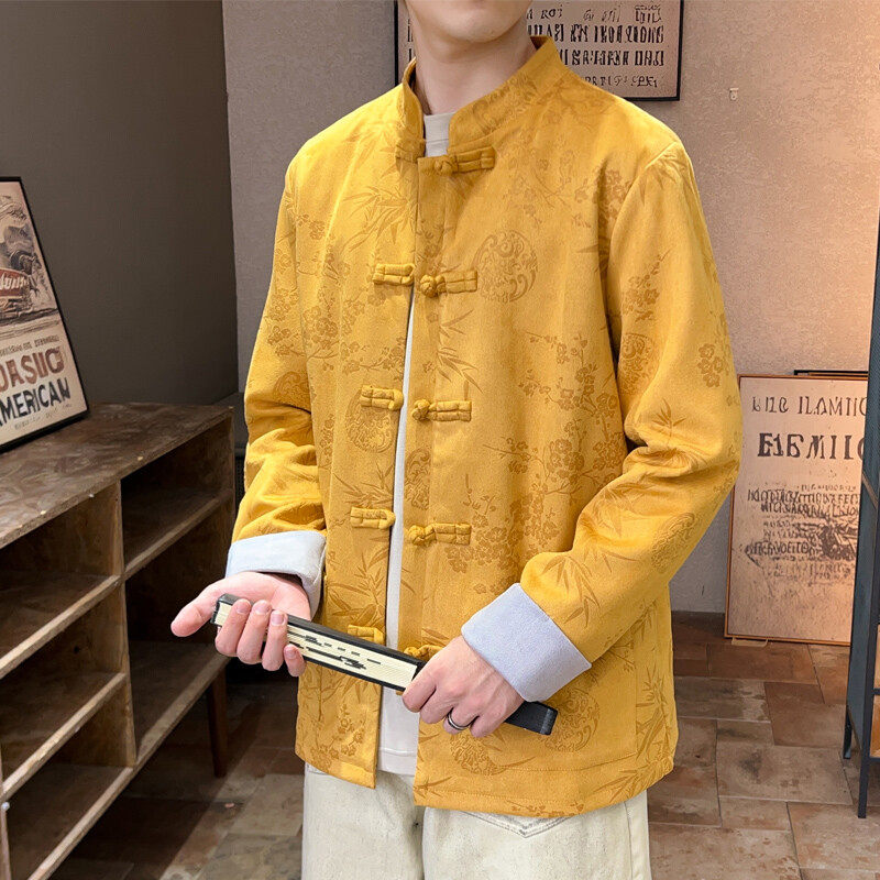 改良汉服男士中国风秋冬季麂皮绒
